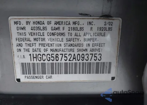 2002 Honda Accord 2.3 Se z USA, uszkodzony, nr VIN 1HGCG56752A093753